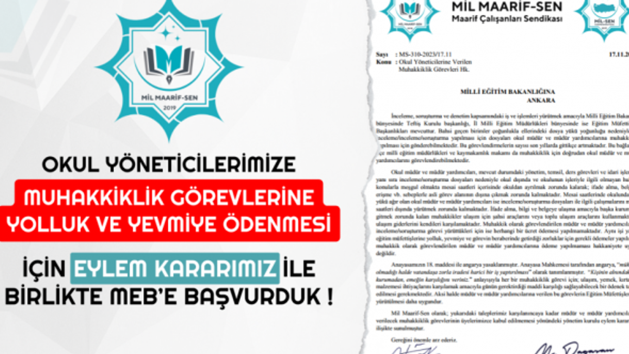Okul Müdürlerine Muhakkiklik Görevi İçin Yolluk ve Yevmiye Ödenmelidir